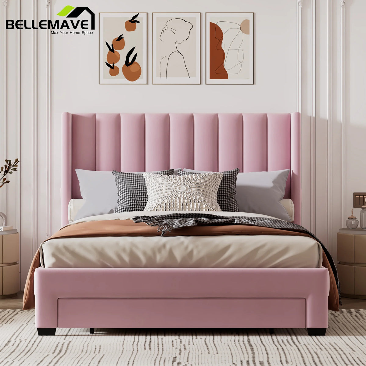 Queen Size Pink Velvet Upholstered Wood Platform Bed with Drawer W2935