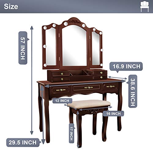 Tri-Folding Mirrors 7 Drawers Makeup Dress Table with Cushioned Stool Espresso M948120