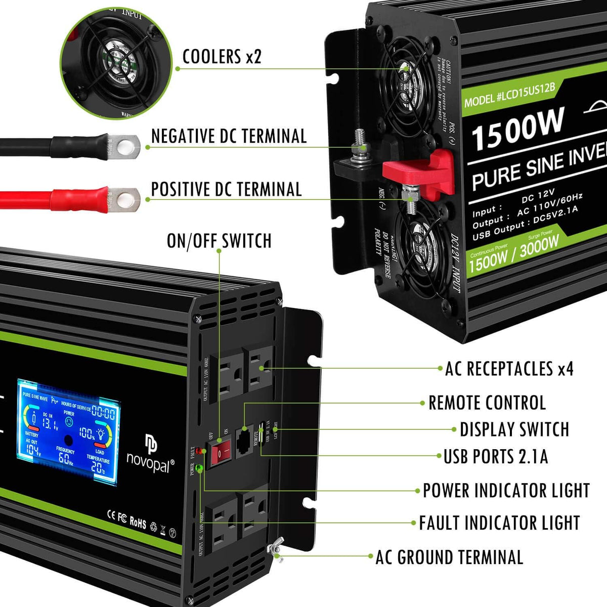 1500 watt Pure Sine Wave Power Inverter 12V to 110V/120V 4 AC Outlets N9306