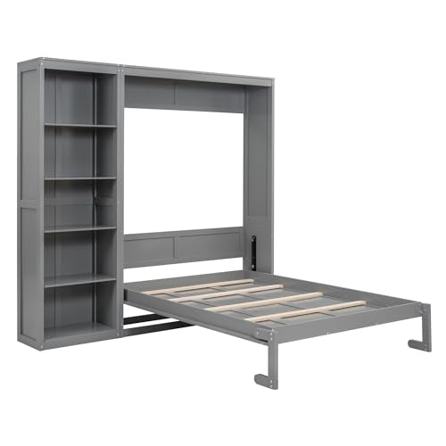 Full Murphy Bed with Storage Bookcase Shelves, Wood Folding Grey Wall Bed Cabinet Y6485