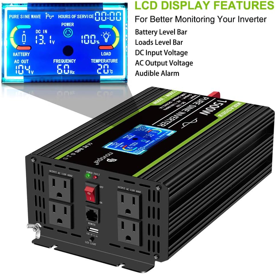 1500 watt Pure Sine Wave Power Inverter 12V to 110V/120V 4 AC Outlets N9306