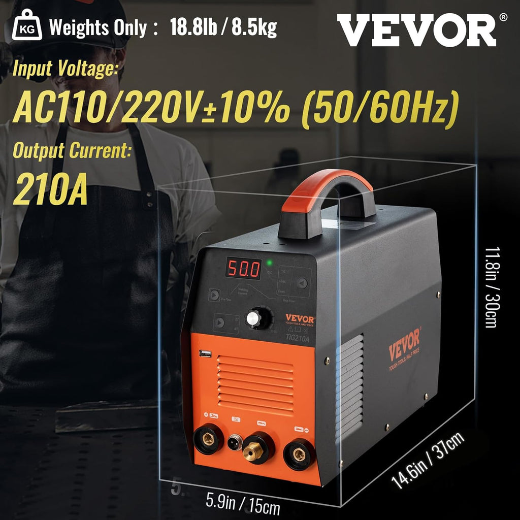 210Amp TIG Welder 3 in 1 110/220V Dual Voltage HF TIG/Stick/Clean Welding Machine with USB IGBT Inverter Torch J133