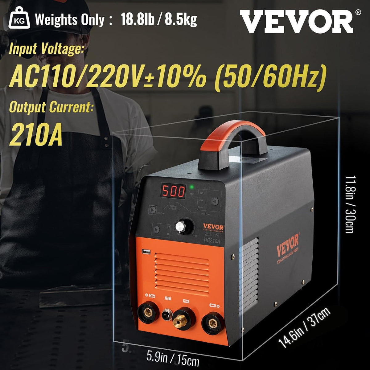 210Amp TIG Welder 3 in 1 110/220V Dual Voltage HF TIG/Stick/Clean Welding Machine with USB IGBT Inverter Torch J133