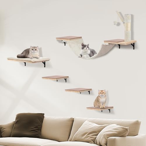 Beige Cat Wall Furniture Set with Hammock and Scratching Post W553164