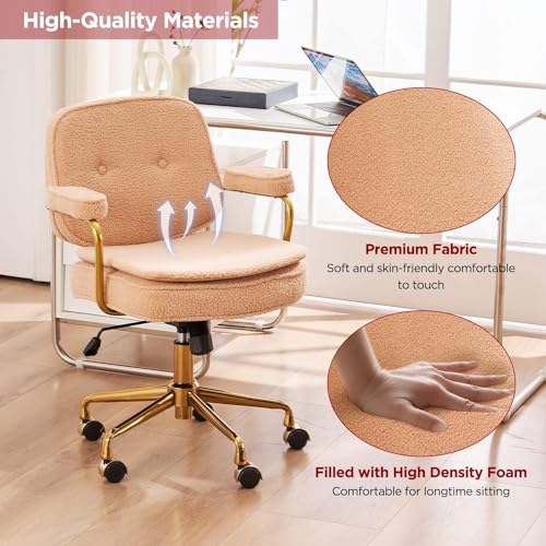 Camel Boucle Desk Chair with Wheels and Arms and Gold Metal Legs M81466