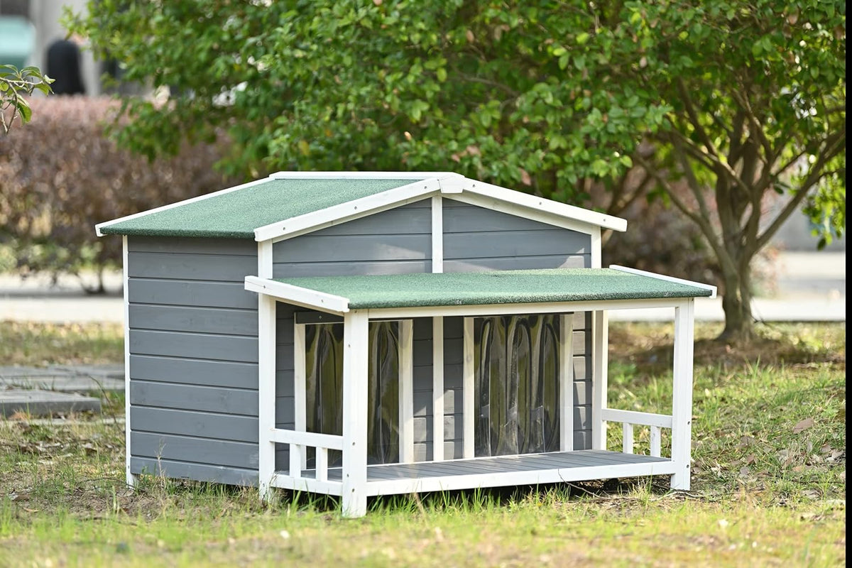 Gray Green Wooden Dog House with Porch 2 Doors I76606