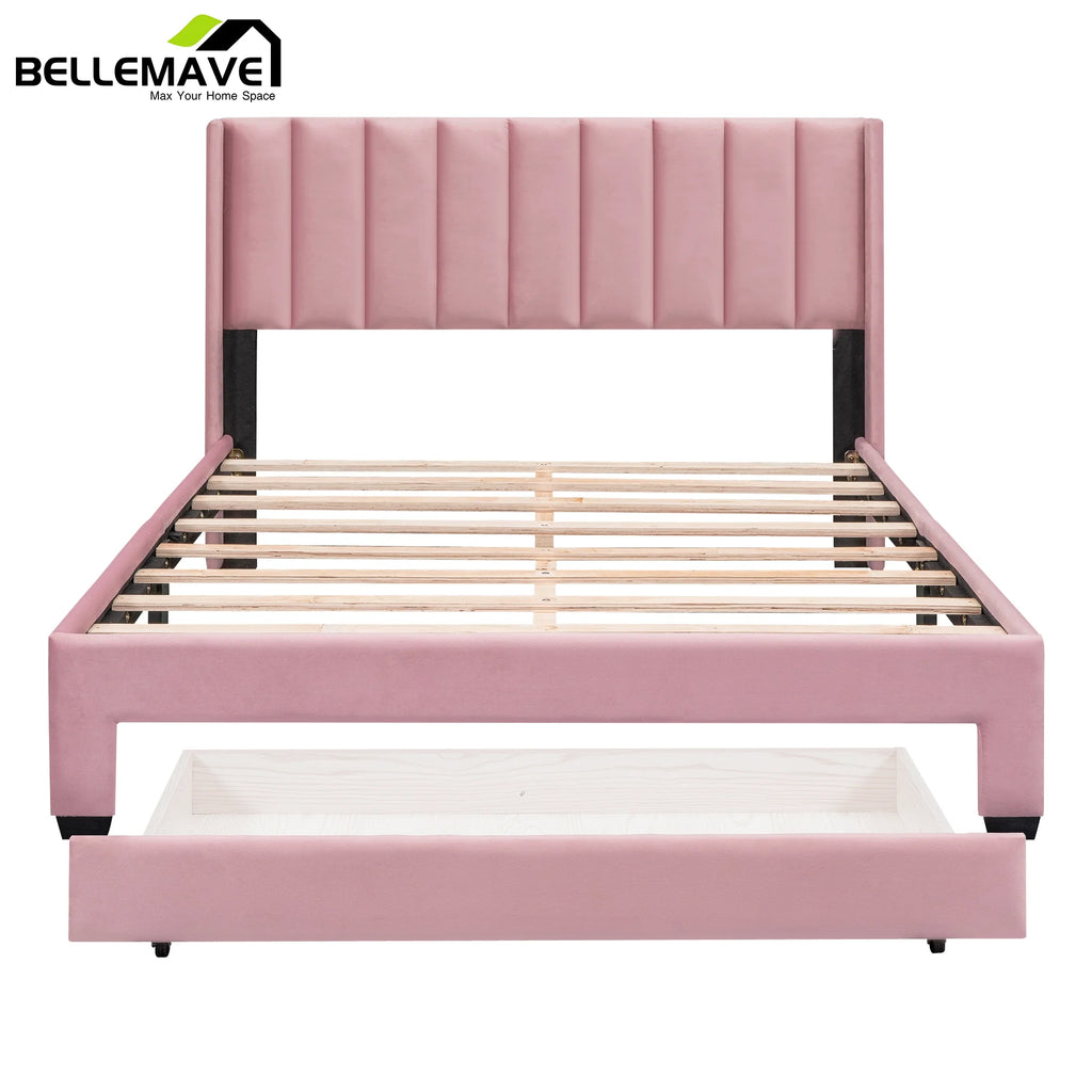 Queen Size Pink Velvet Upholstered Wood Platform Bed with Drawer W2935