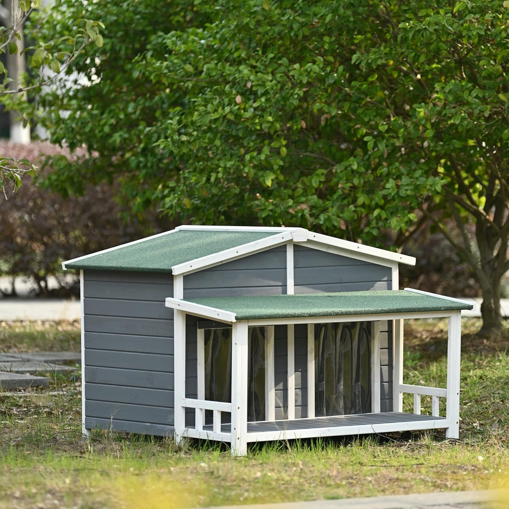 Gray Green Wooden Dog House with Porch 2 Doors I76606