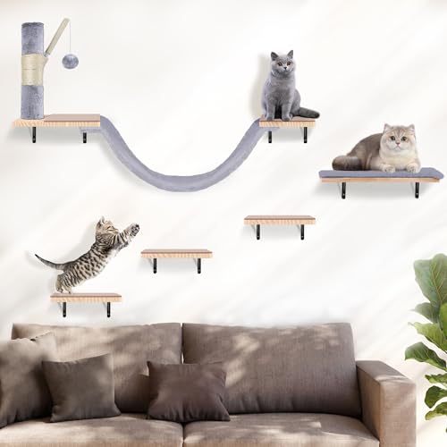 Beige Cat Wall Furniture Set with Hammock and Scratching Post W553164
