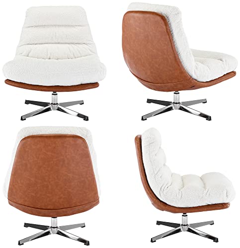 Ivory Linen Oversized Swivel Lounge Chair with Ottoman Q576196