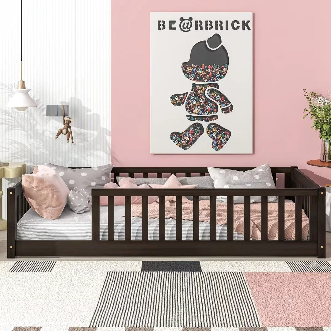 White Full Size Floor Bed with Fence Guardrails and Roof U987410