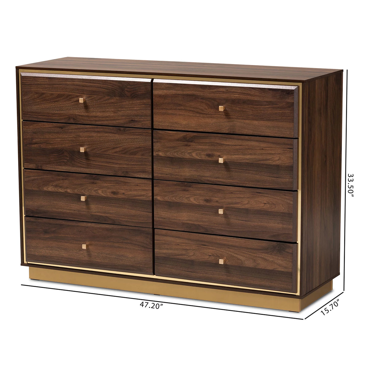 Walnut Brown Wood and Gold Metal 8-Drawer Dresser J803