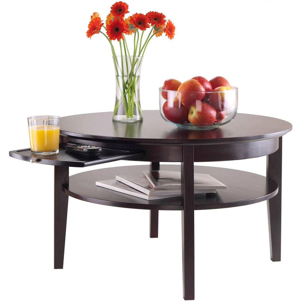Espresso Finish Round Wood Coffee Table with Pull-Out Tray A4038
