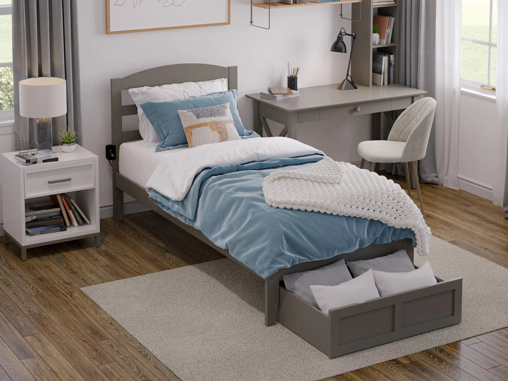 Grey Twin XL Wood Platform Bed Frame with Foot Drawer Storage S587