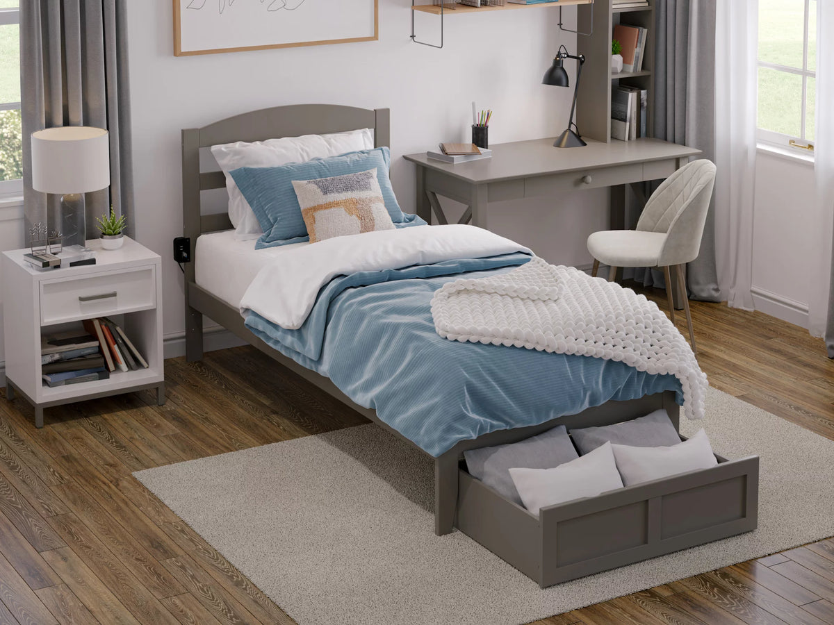 Grey Twin XL Wood Platform Bed Frame with Foot Drawer Storage S587