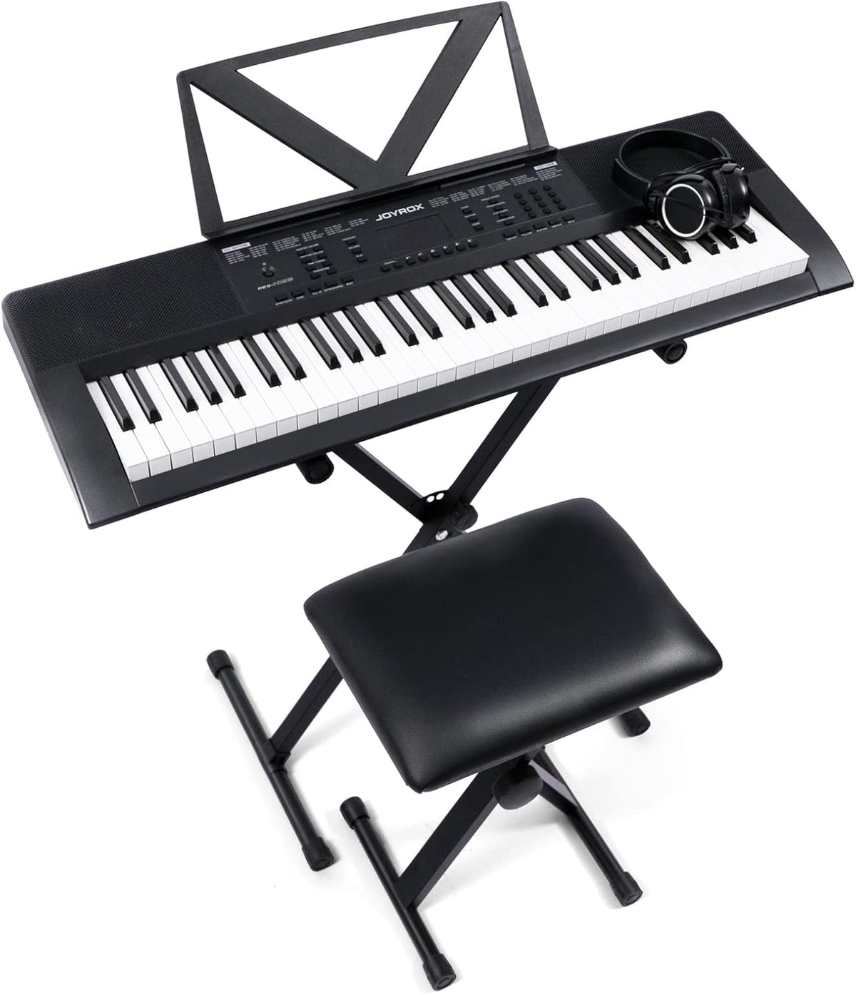 61 Key Piano Keyboard with Keyboard Stand, Bench, Sheet Music Stand, Headphones, Speakers L4437