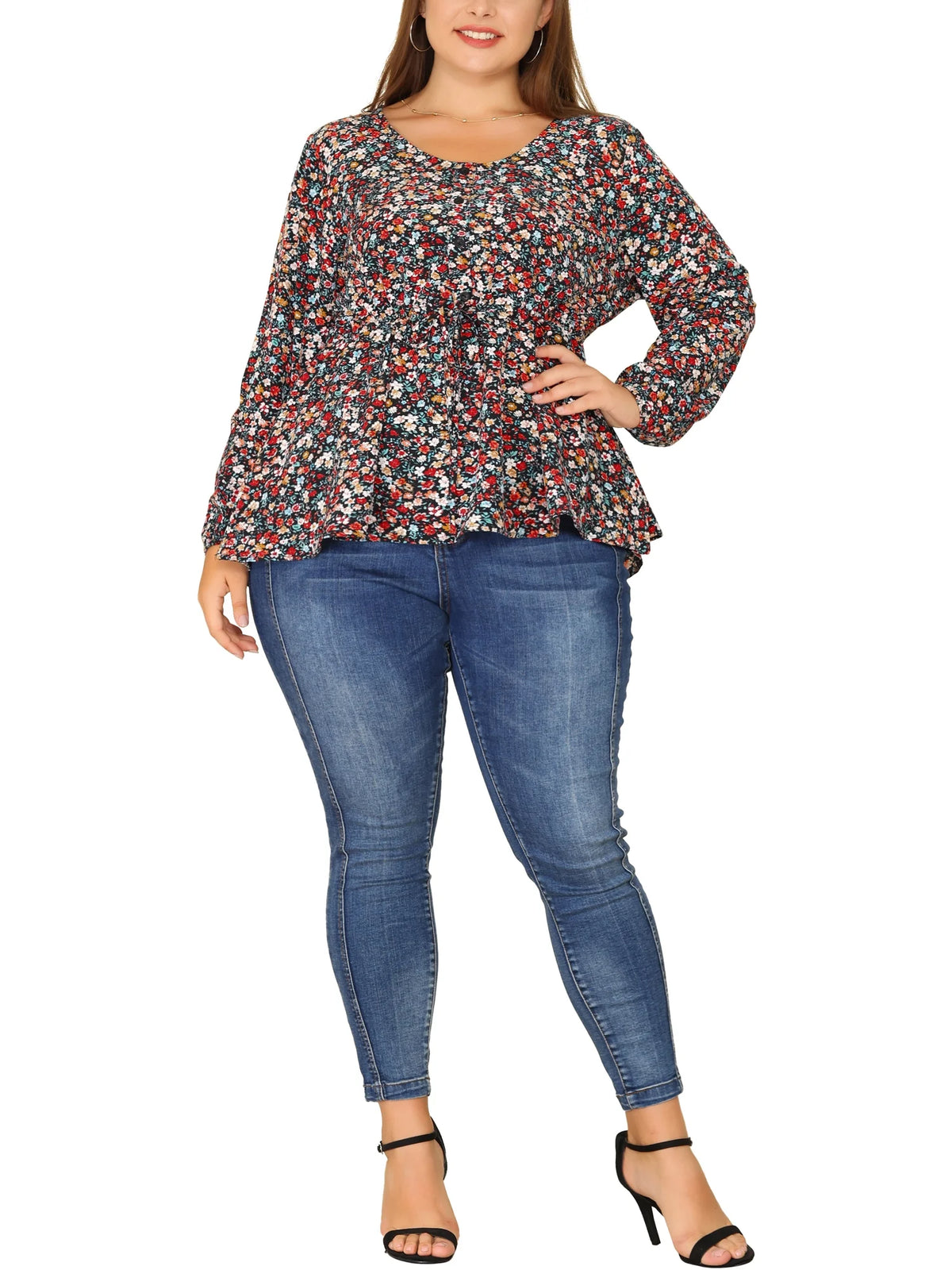 Plus Size V Neck Ruffle Flowy Tunic Blouse J9277