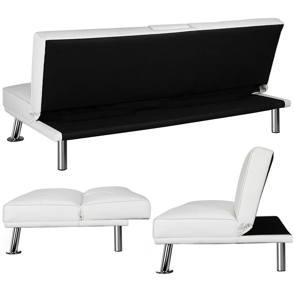 White Faux Leather Futon with Cupholders and Pillows D378139