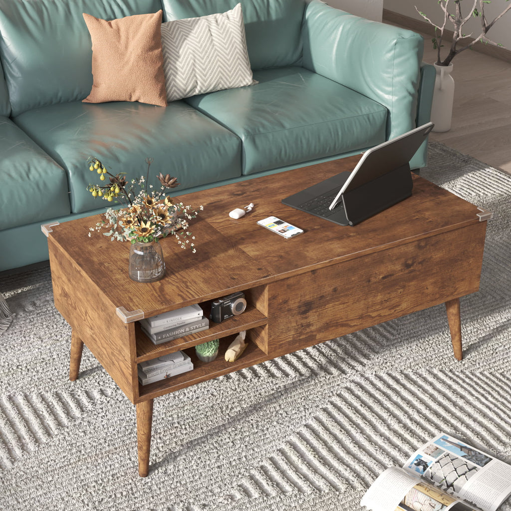 39-Inch Wood Lift Top Coffee Table with Hidden Compartment and Storage Shelf N595