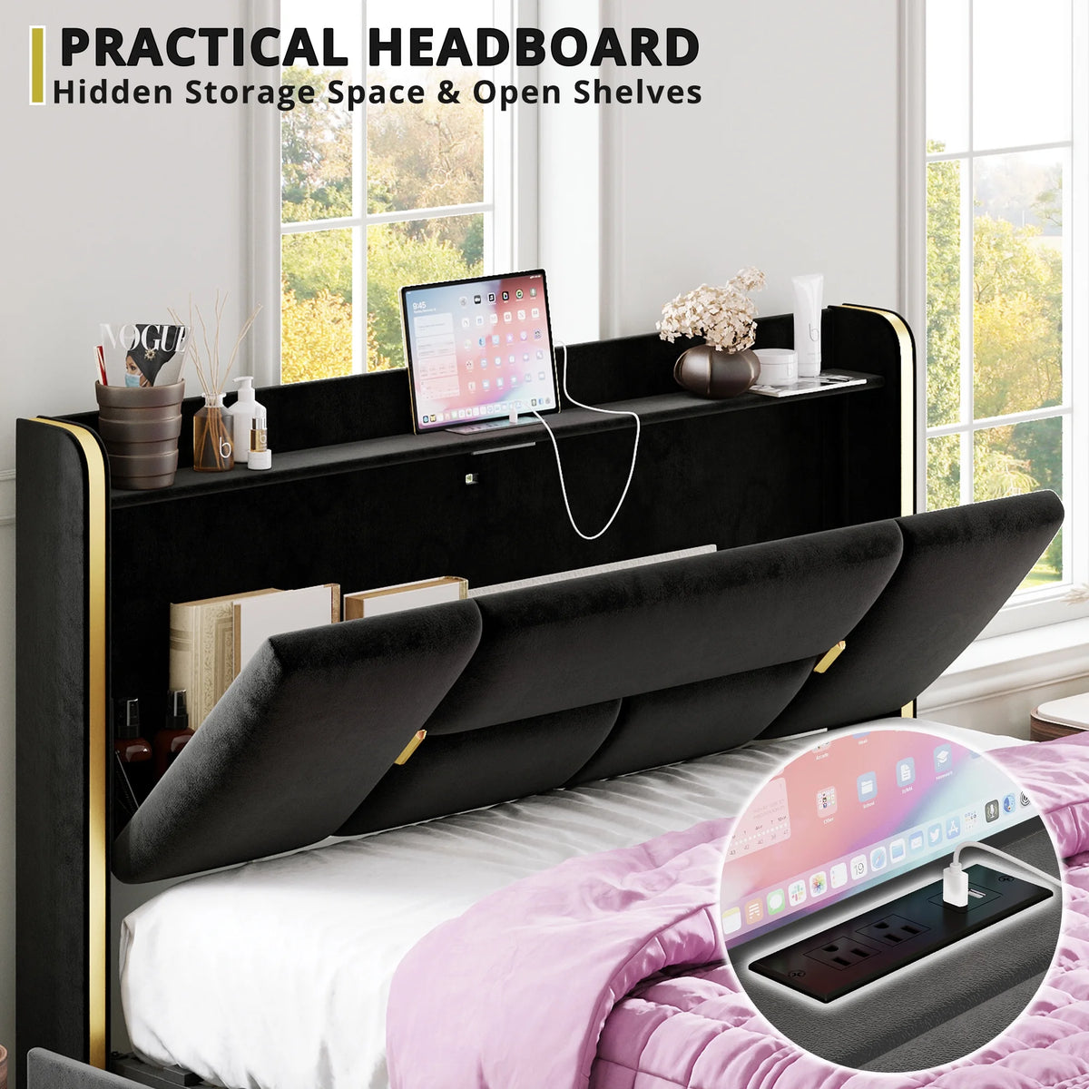 Queen Bed Frame with Storage Headboard and 4 Under-bed Drawers M2275