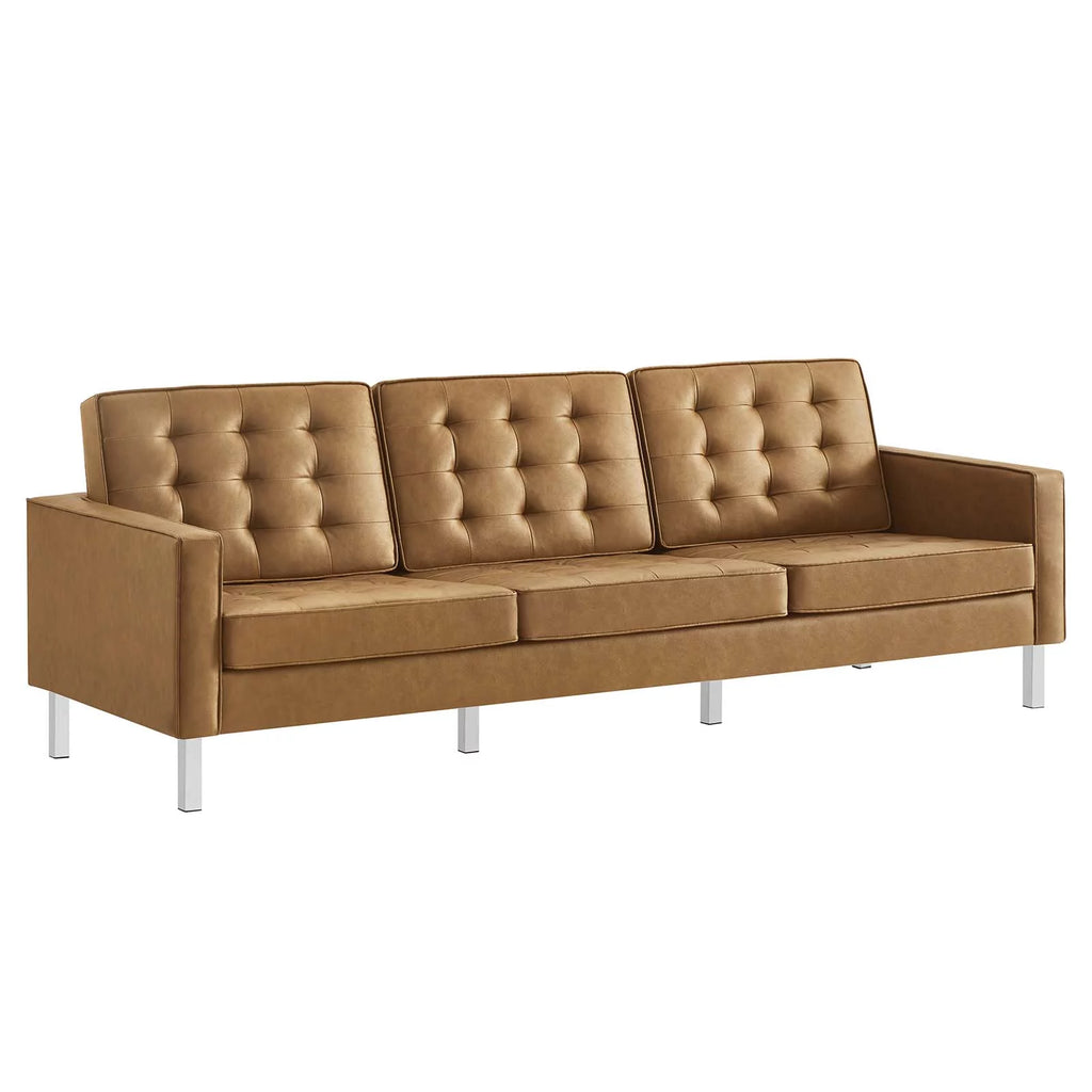 Silver Tan Vegan Leather Upholstered Sofa F23928
