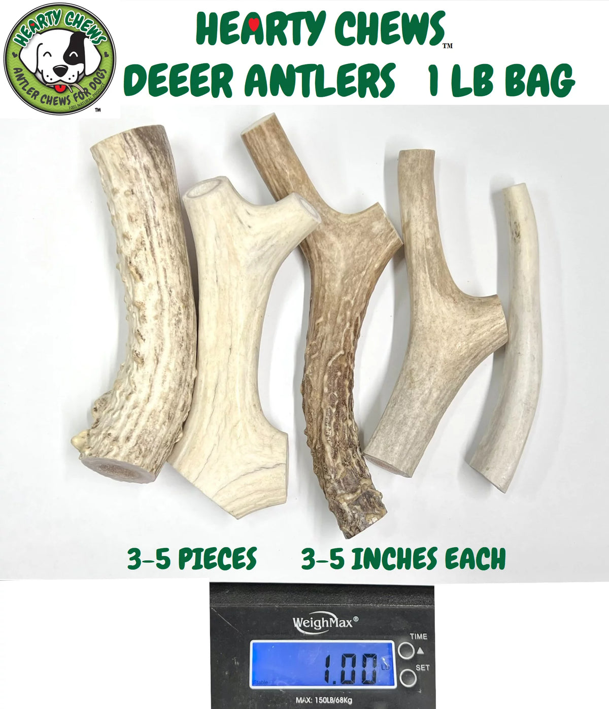 Natural Deer Antler Dog Bone 1 LB Bag V4047