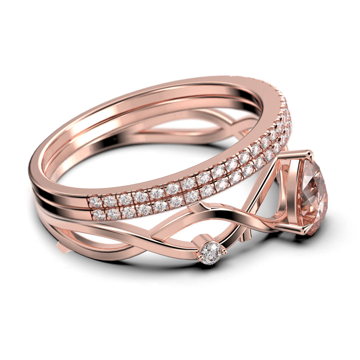 2.10 Carat Pear Cut Morganite And Diamond Moissanite Engagement Ring In 925 Sterling Silver With 18K Rose Gold Plating, Trio Ring Set U3796