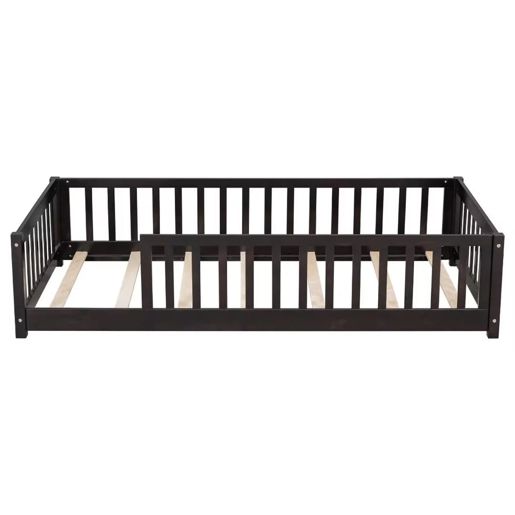 White Full Size Floor Bed with Fence Guardrails and Roof U987410