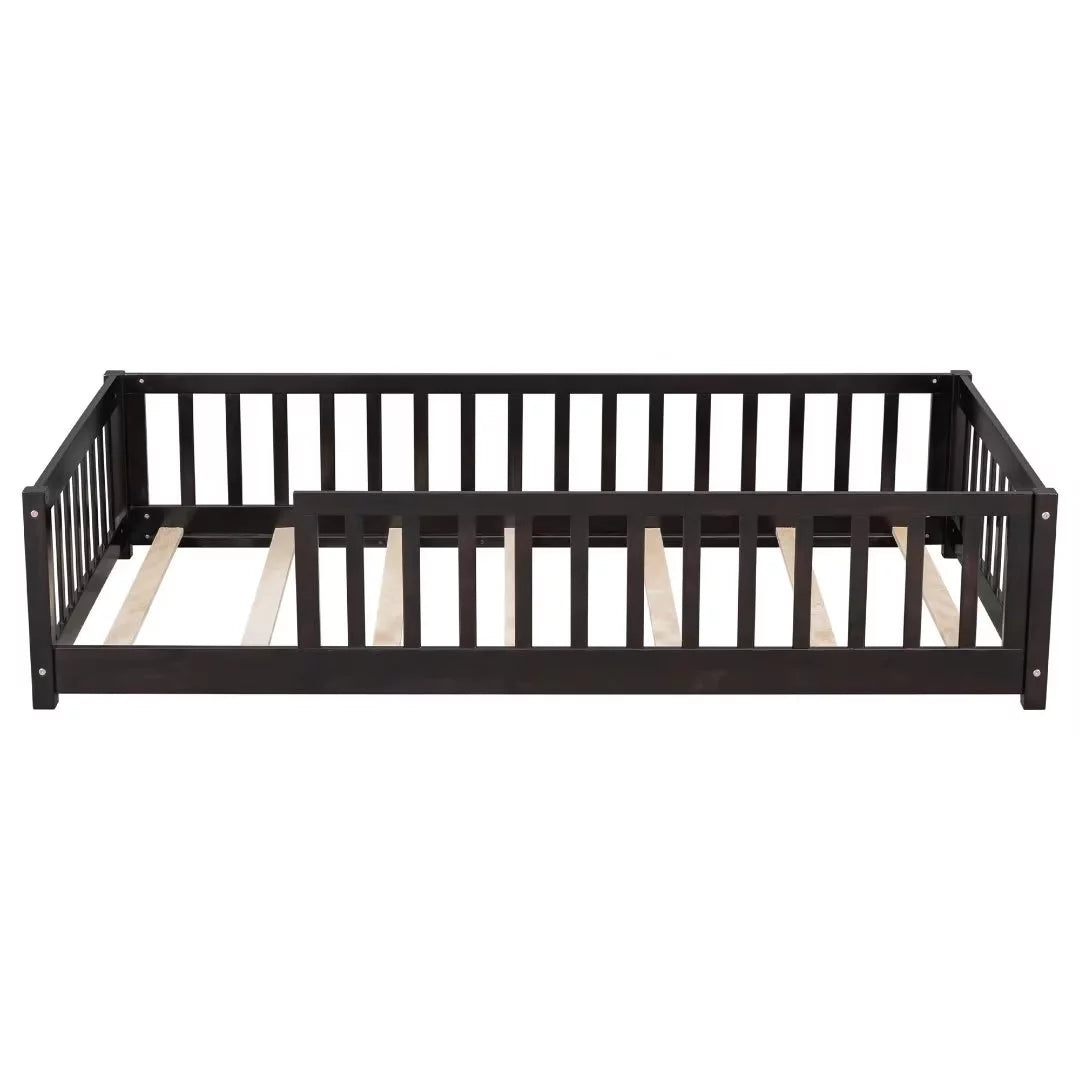 White Full Size Floor Bed with Fence Guardrails and Roof U987410