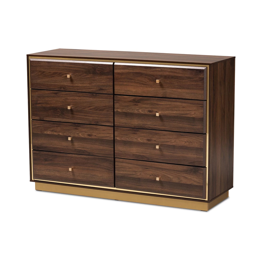 Walnut Brown Wood and Gold Metal 8-Drawer Dresser J803