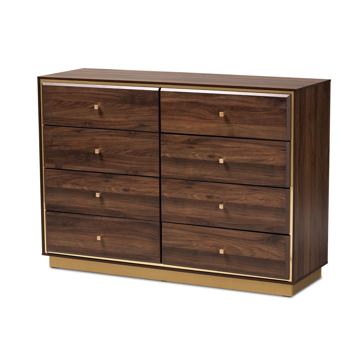 Walnut Brown Wood and Gold Metal 8-Drawer Dresser J803