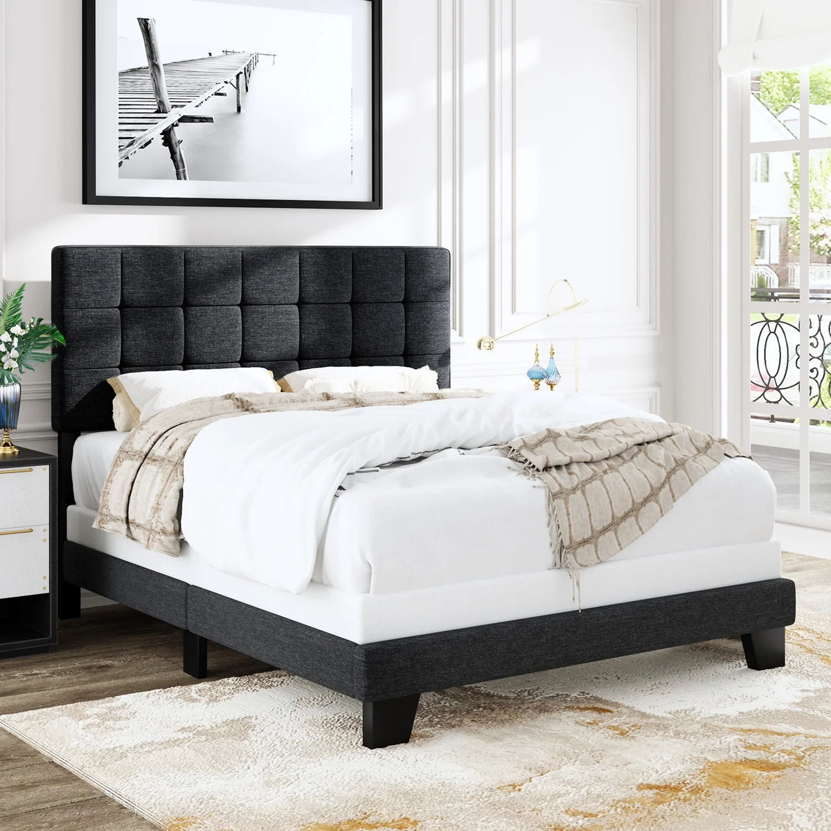 Queen Size Grey Upholstered Panel Platform Bed Frame E300363