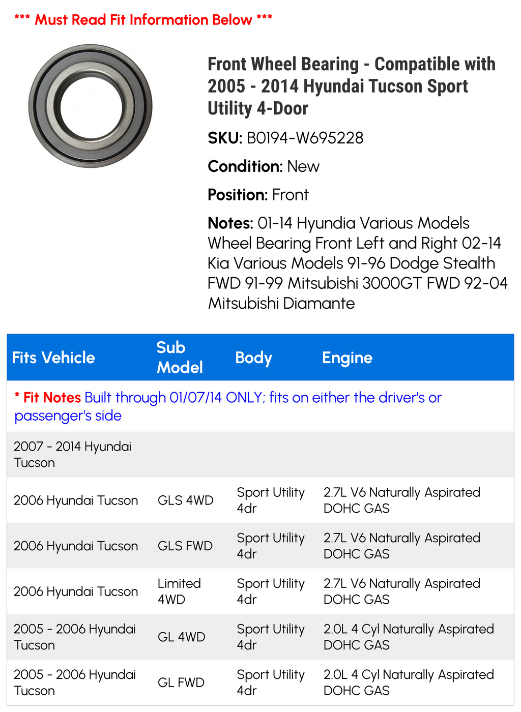 Front Wheel Bearing for Hyundai Tucson Sport Utility 4-Door G427