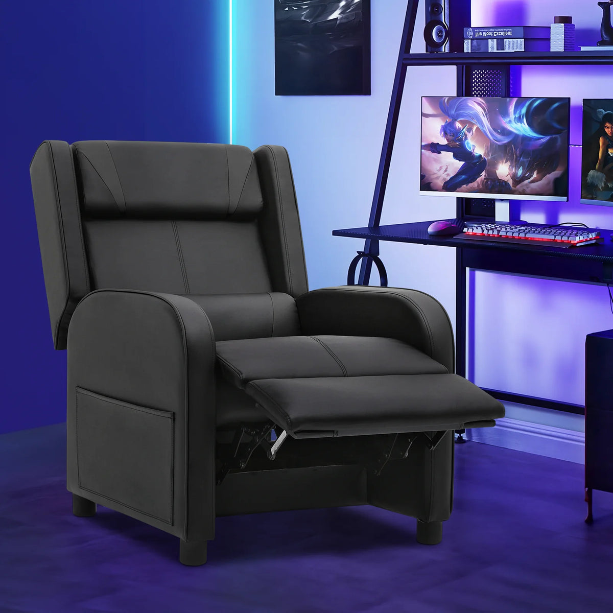 Black PU Leather Adjustable Reclining Gaming Chair with Footrest N252606