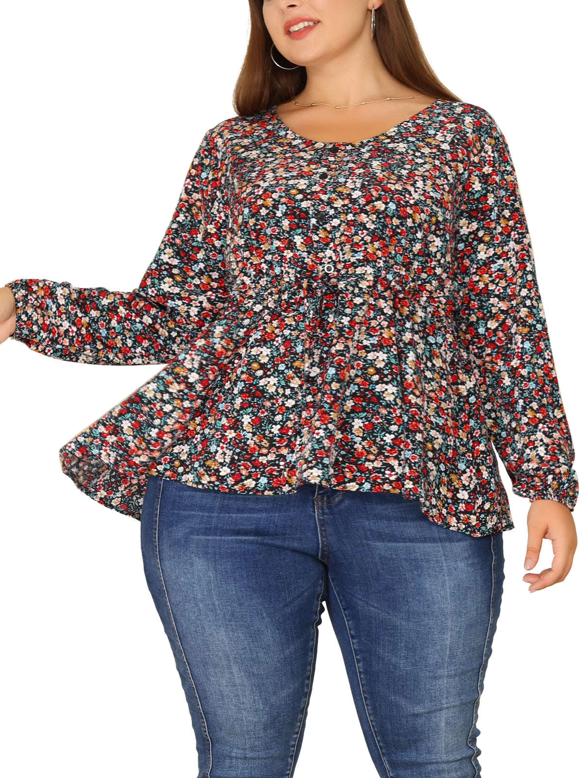 Plus Size V Neck Ruffle Flowy Tunic Blouse J9277