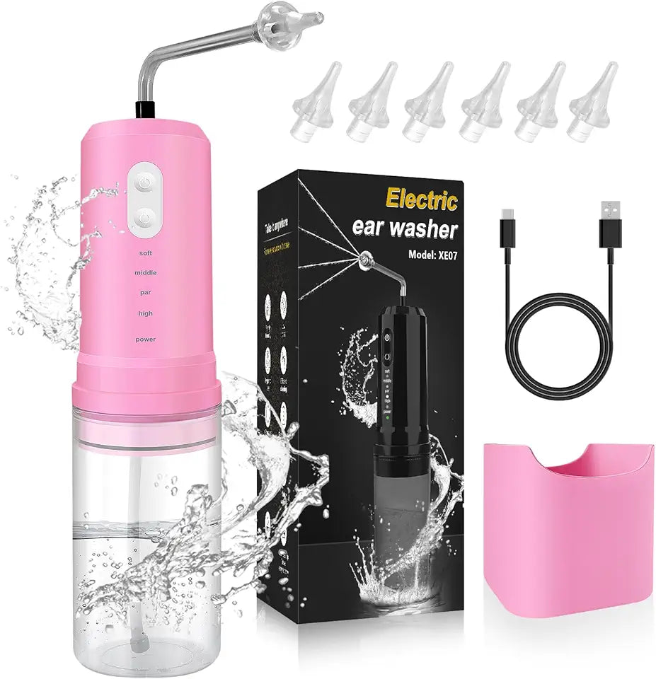 Electric Ear Irrigation Flushing System with 4 Pressure Modes, 6 Reusable Replacement Tips (Pink) Y914