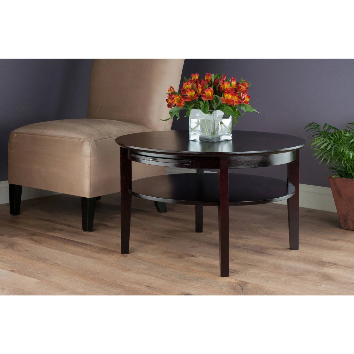 Espresso Finish Round Wood Coffee Table with Pull-Out Tray A4038