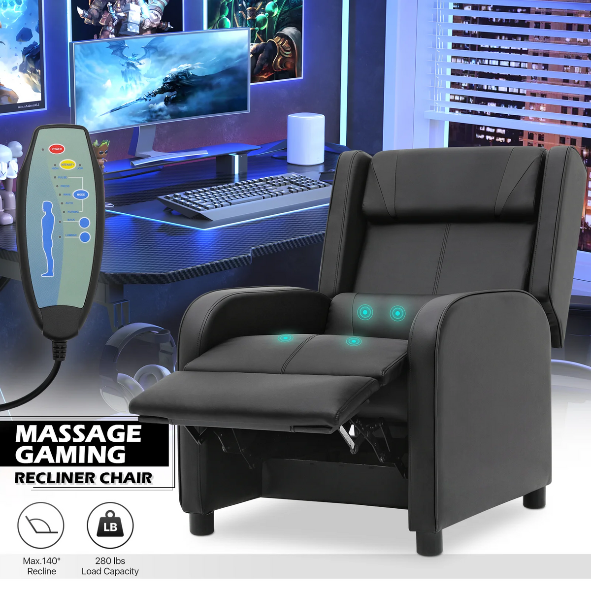 Black PU Leather Adjustable Reclining Gaming Chair with Footrest N252606