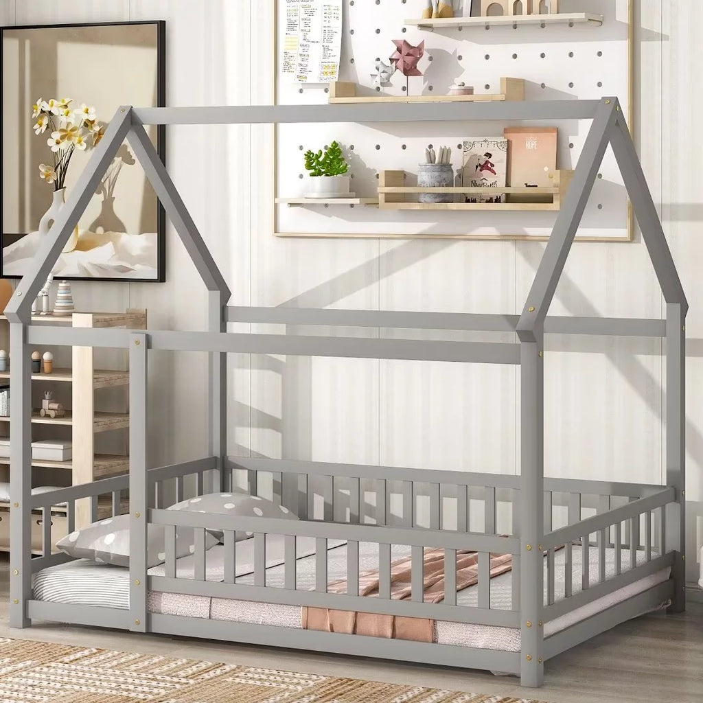 White Full Size Floor Bed with Fence Guardrails and Roof U987410