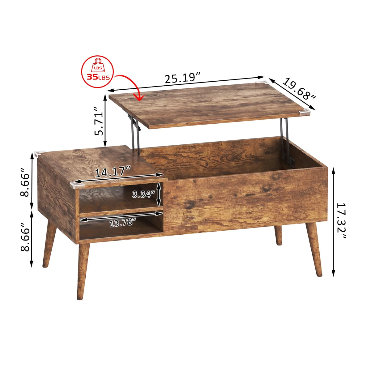 39-Inch Wood Lift Top Coffee Table with Hidden Compartment and Storage Shelf N595