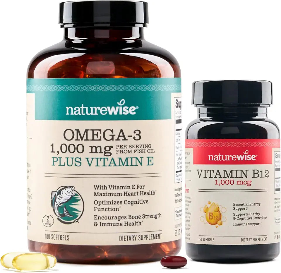1000mg Omega 3 600mg EPA 400mg DHA Vitamin E 180ct & 1000mcg Vitamin B12 150 Softgels Supplement Bundle B63553