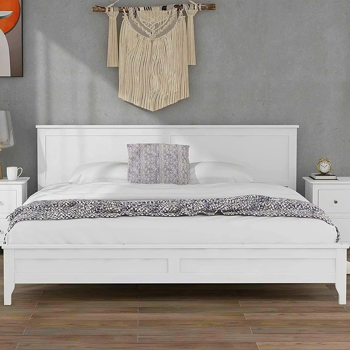 King Size White Wooden Platform Bed with Headboard I916531