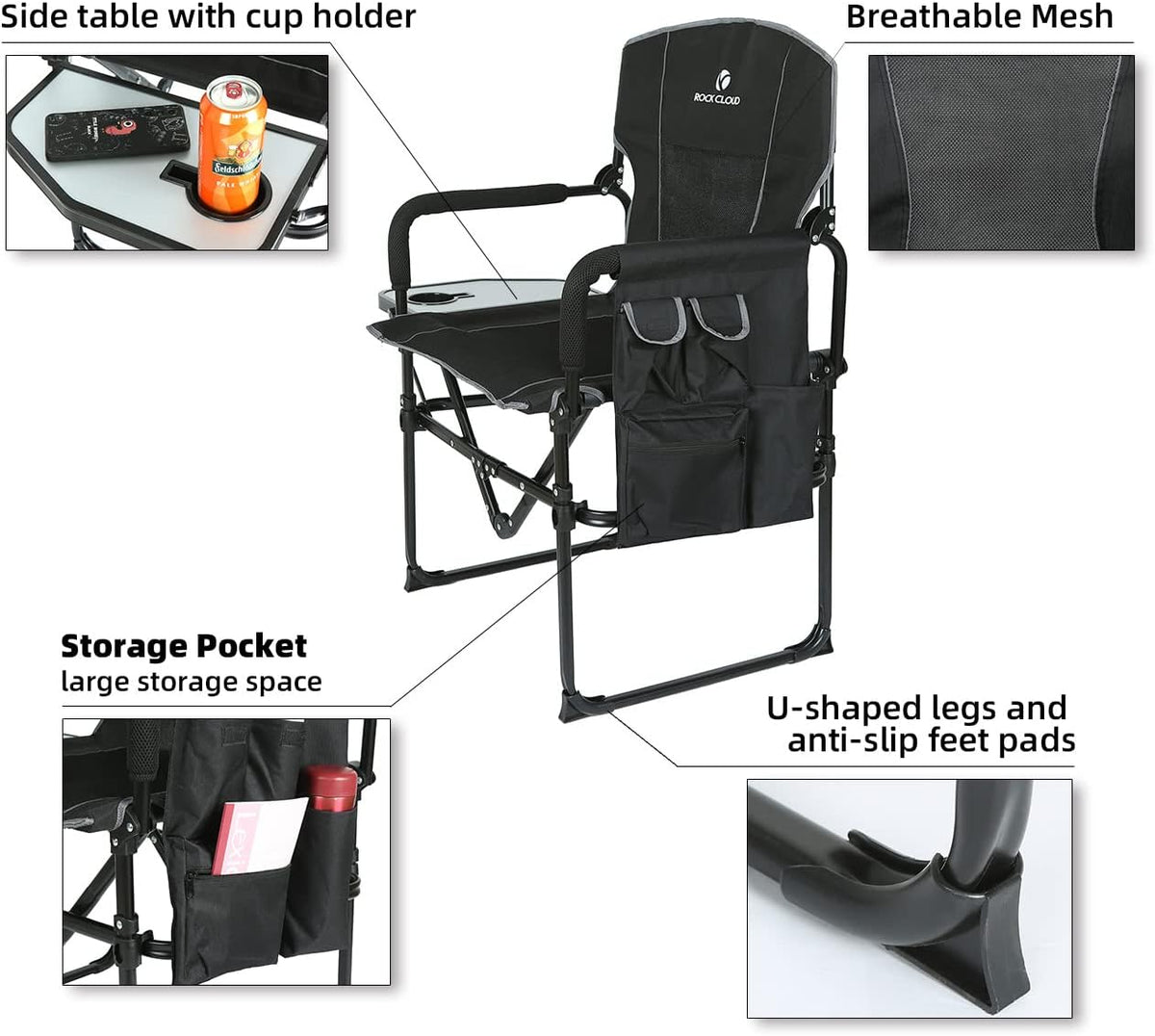 Folding Camping Chair with Storage Pocket and Side Table Y17476