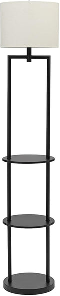 Mid-Century Modern Round Etagere Floor Lamp with Shelves and Linen Shade C87226