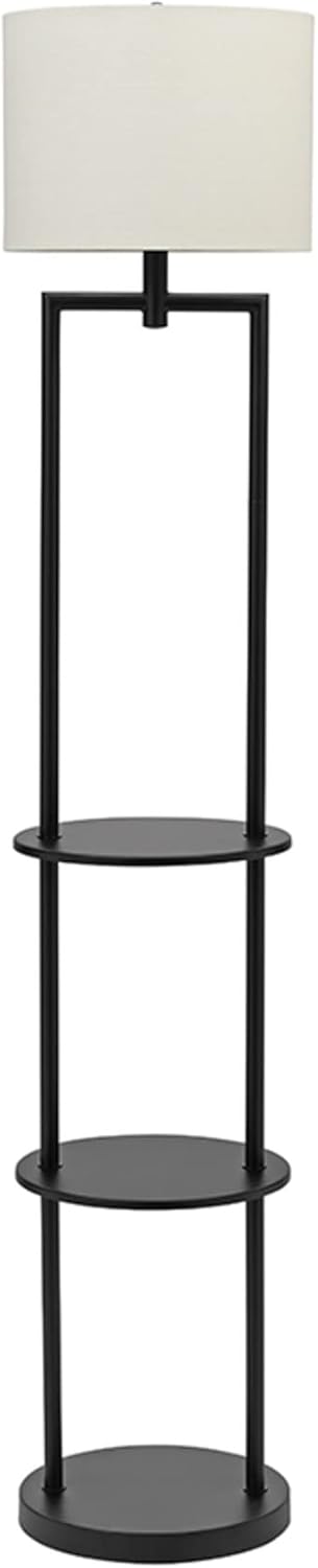 Mid-Century Modern Round Etagere Floor Lamp with Shelves and Linen Shade C87226