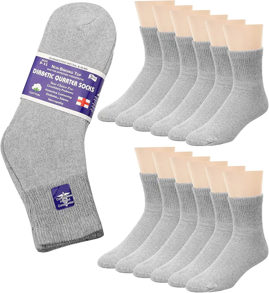 12-Pack Diabetic Quarter Ankle Socks Non-Binding Loose Fit Gray F9037