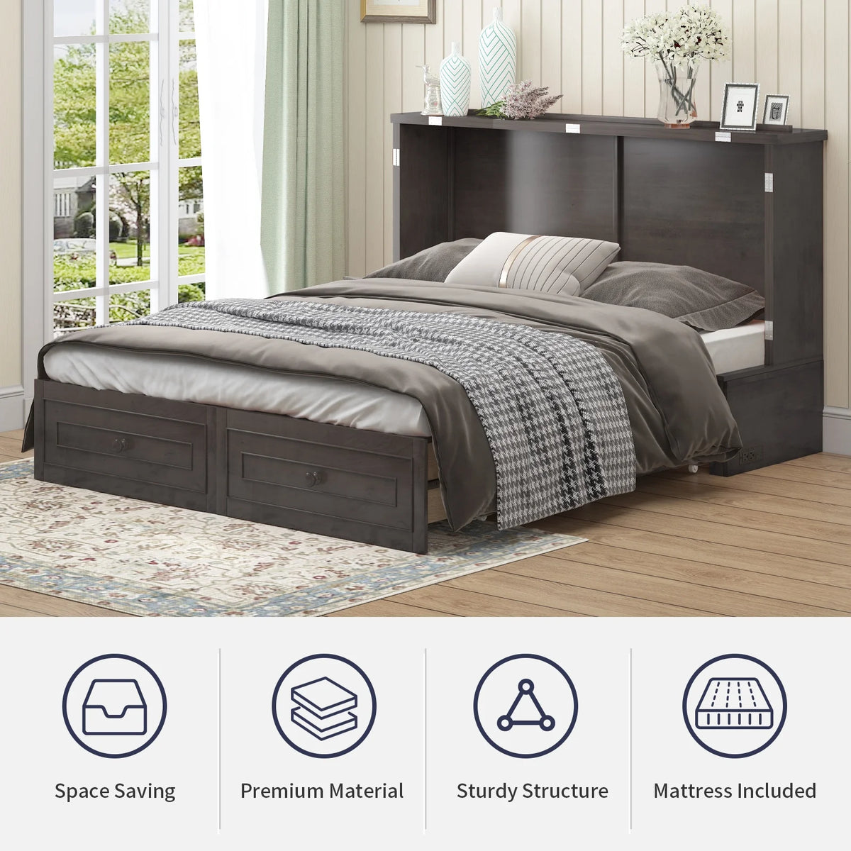 Queen Size Murphy Bed Cabinet with Storage Drawer L3979
