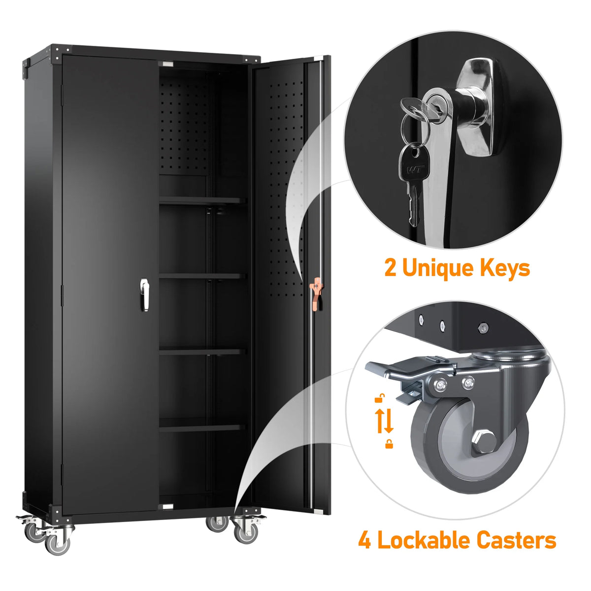 72” Locking Metal Garage Storage Cabinet with Wheels & Pegboards, Black V415