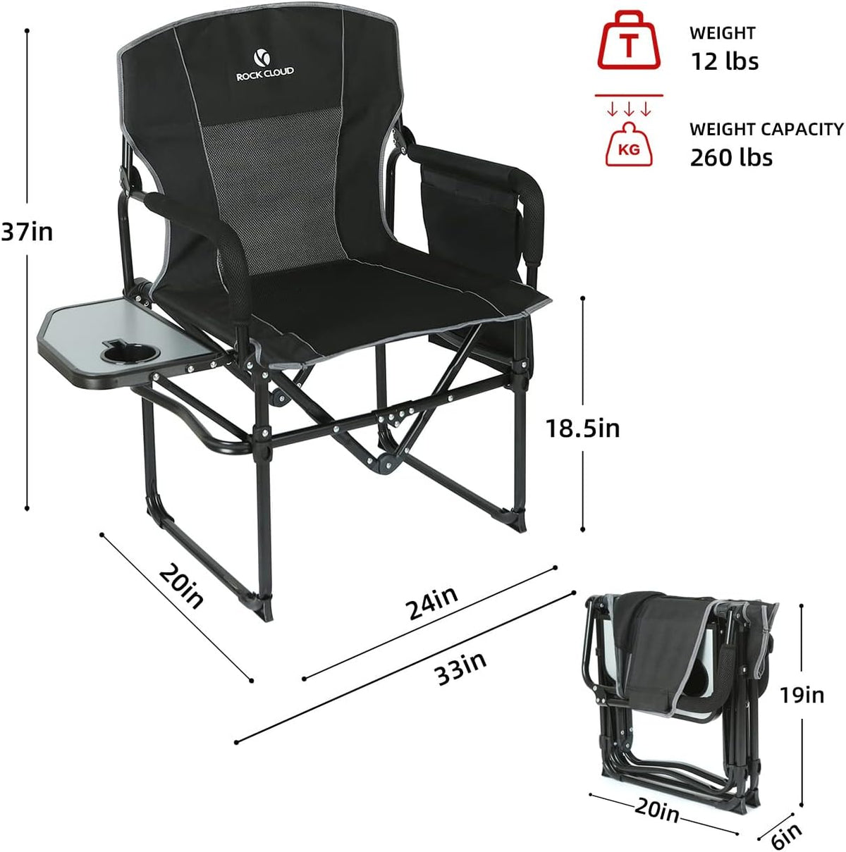 Folding Camping Chair with Storage Pocket and Side Table Y17476