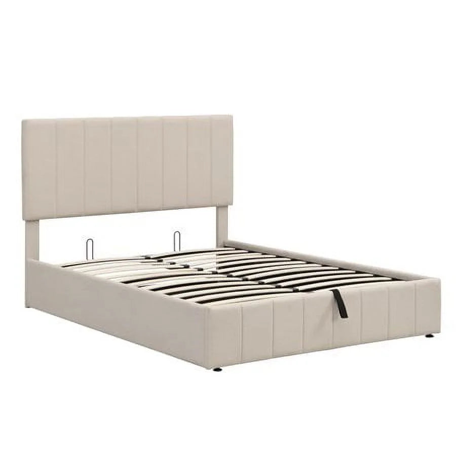 Full Size Hydraulic Storage Platform Bed with Upholstered Headboard, Beige D546